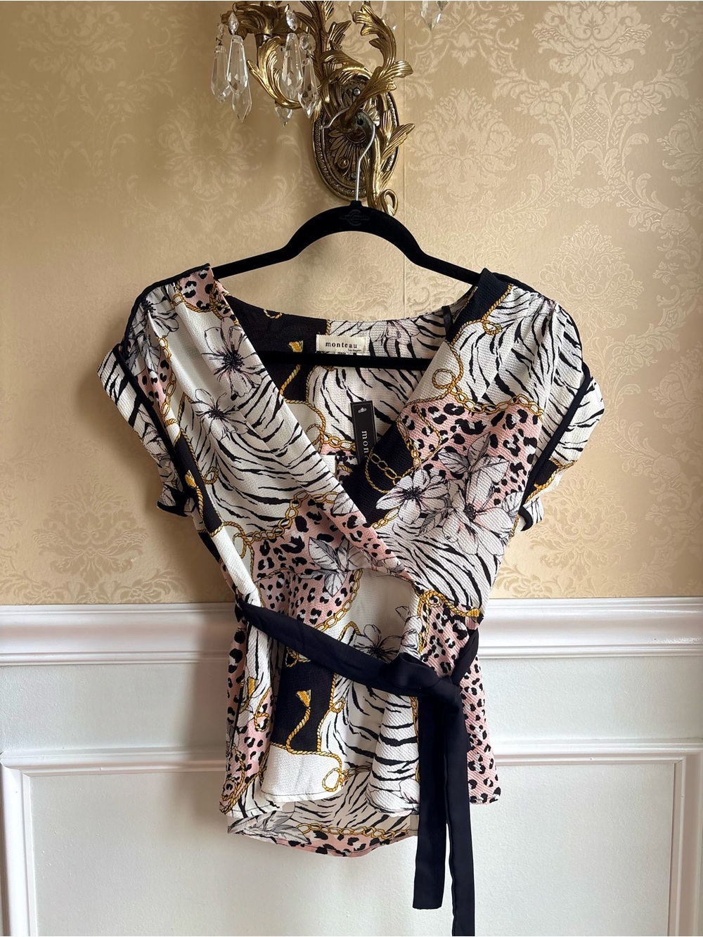 Monteau Pink, Black & White Print Wrap Blouse